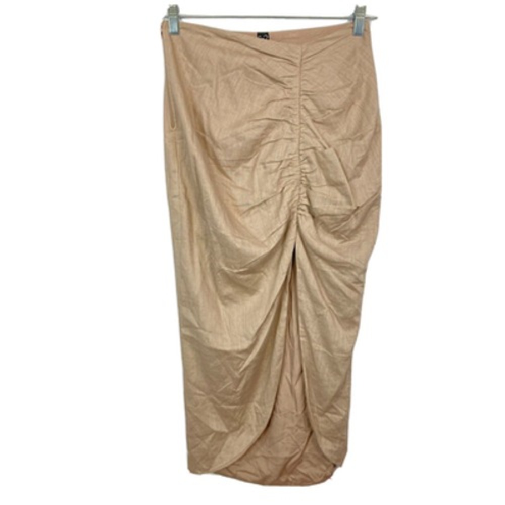 Windsor Skirt Womens Sz S Beige Tan Ruched Front Slit Bodycon Midi Cotton Linen
